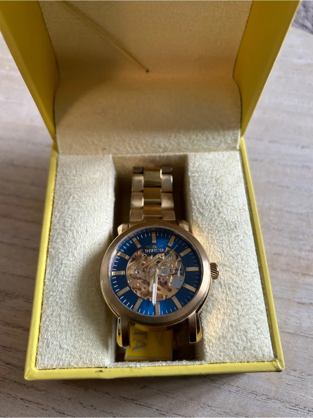 Invicta Gold-Tone Watch with Blue Skeleton Dial
